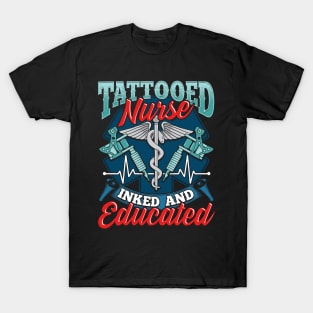 Cute Tattooed Nurse Inked And Educated Nursing Pun T-Shirt